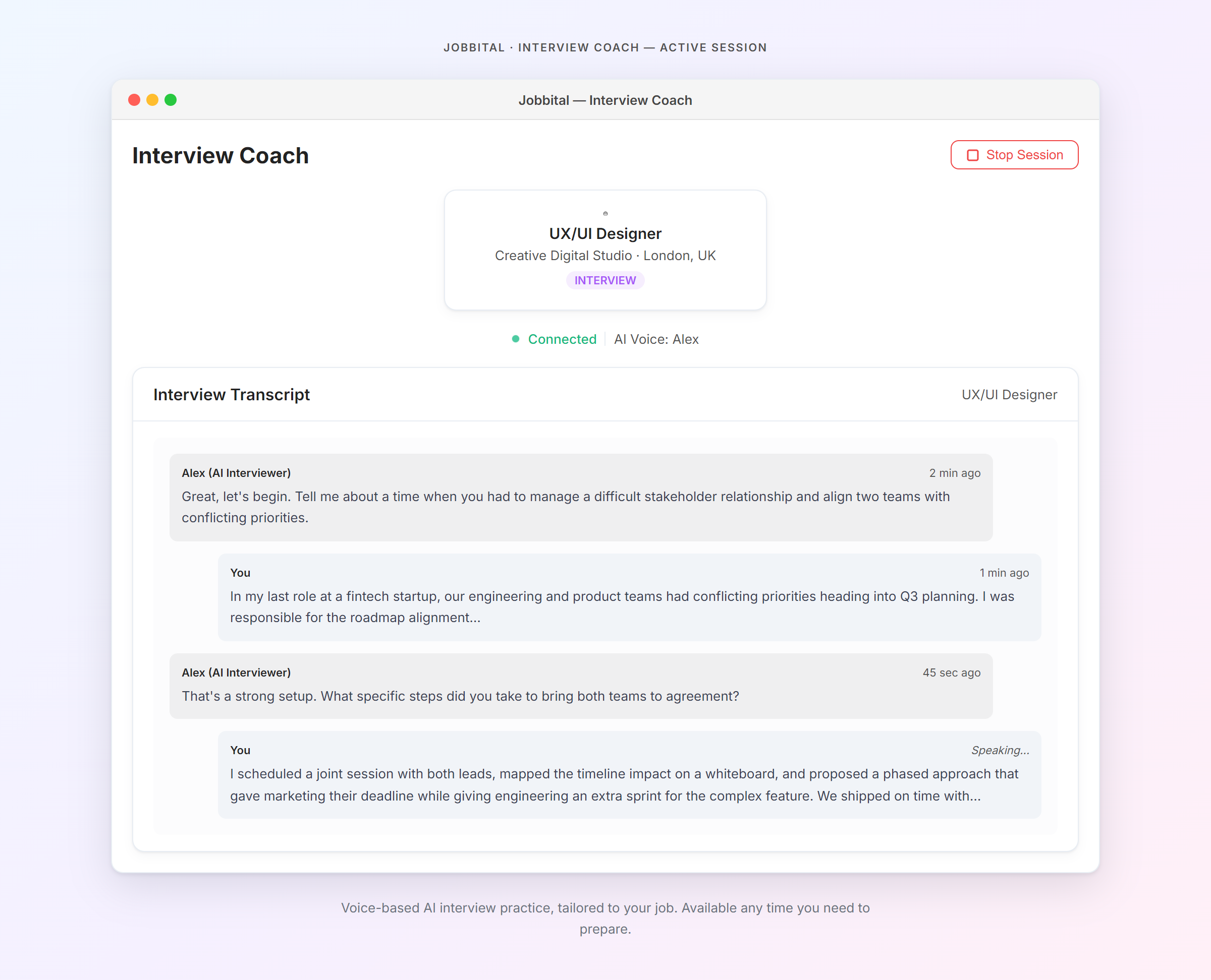 Jobbital's Interview Coach in action — a voice-based AI interview with live transcription, follow-up questions, and real-time feedback.