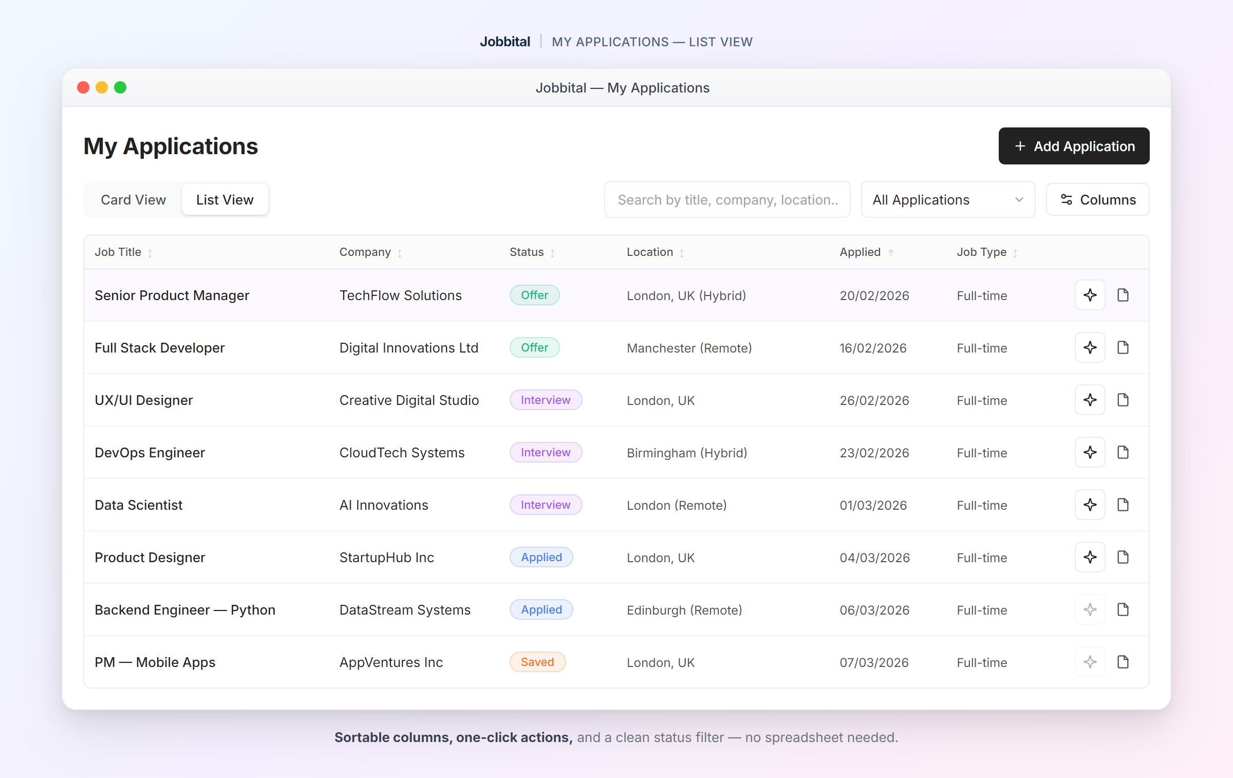 Jobbital's application tracker list view — sortable columns, one-click actions, and a clean status filter.